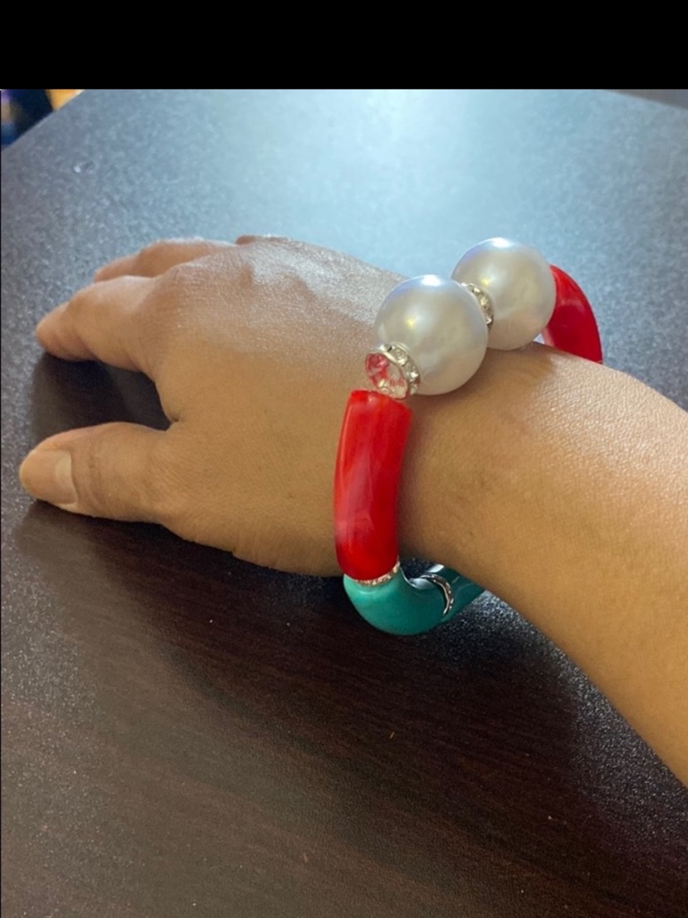 Blue and Red Bangle Women's  Bracelet with pearls